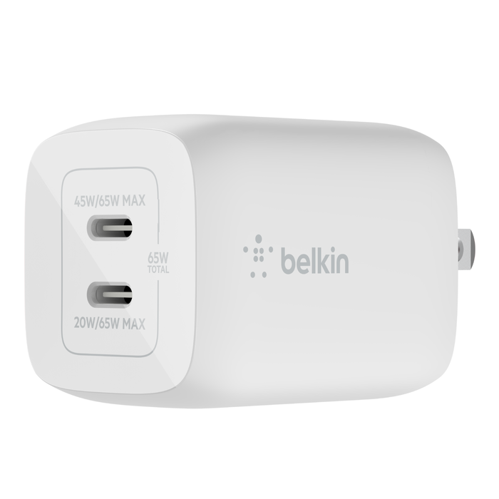 Cargador de pared doble BELKIN USB-C GaN con PPS de 65 W - Blanco