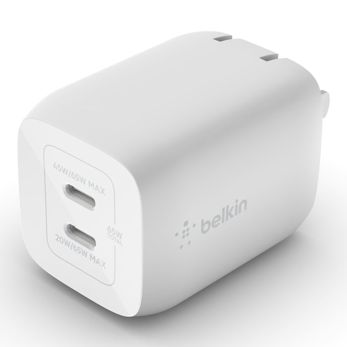 Cargador de pared doble BELKIN USB-C GaN con PPS de 65 W - Blanco