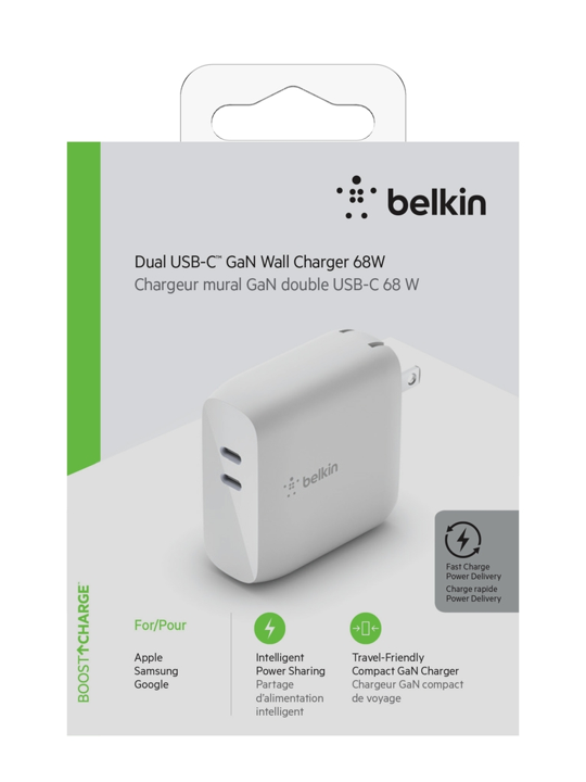 Cargador Belkin 68w - USB-C GAN PD 50w / USB-C GAN PD 18w - Blanco