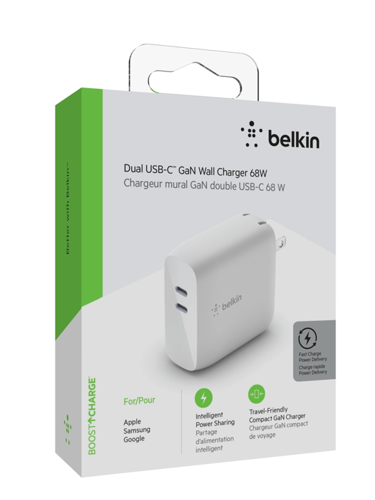 Cargador Belkin 68w - USB-C GAN PD 50w / USB-C GAN PD 18w - Blanco