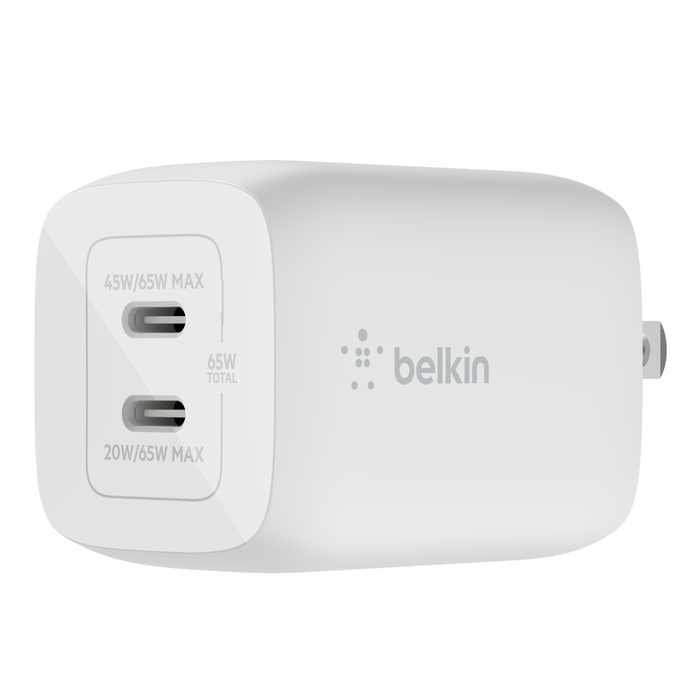 Cargador de pared doble BELKIN  USB-C GaN con PPS de 65 W - Blanco