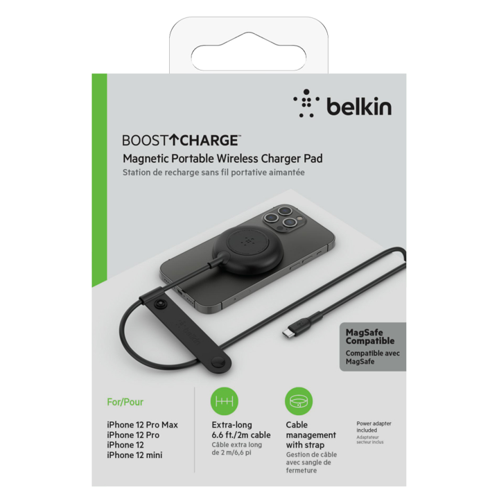 Base Magnética Belkin Compatible MagSafe Para Todos iPhone 12/13/14 - AirPods Case inalámbrico - 7.5w+Cargador 20w - Negro