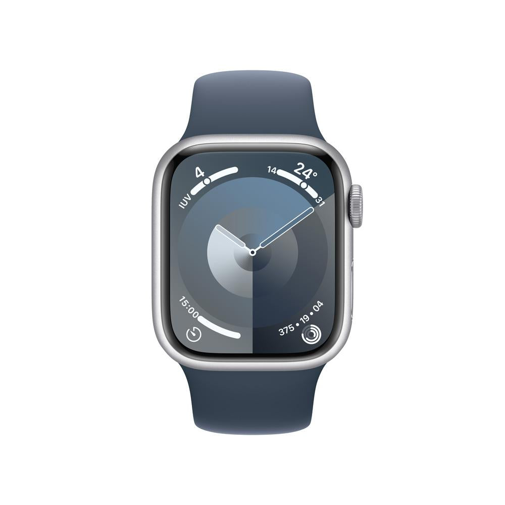 Apple Watch Series 9 GPS • Caja de aluminio color plata de 41 mm • Correa deportiva azul tormenta - S/M
