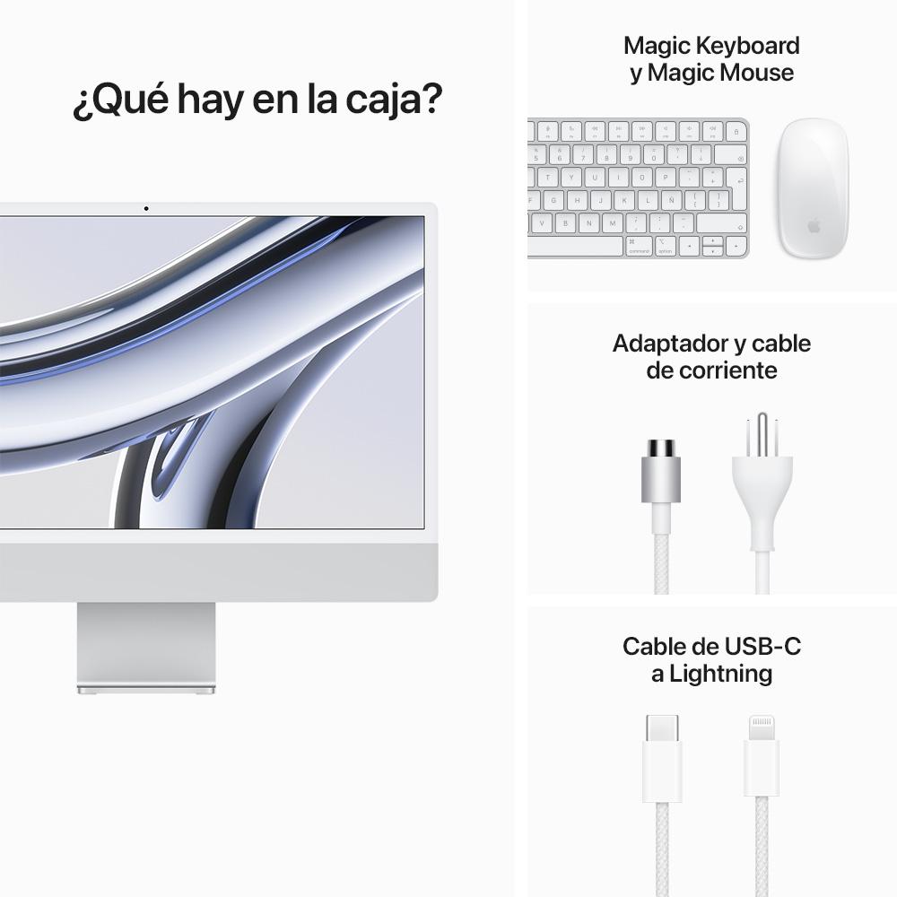 iMac con pantalla Retina 4,5K de 24 pulgadas: Chip M3 de Apple con CPU de 8 núcleos y GPU de 8 núcleos, 256 GB SSD - Plata